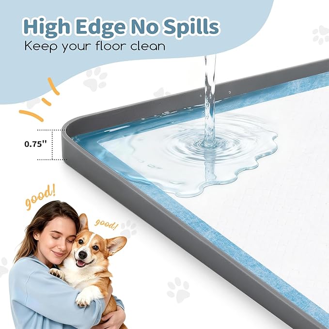Pee Pad Holder, Dog Potty Tray for 24" x 24" Training Pads, Silicone Non-Slip Pee Mat Potty, No Spill Raise Lip High Edge Puppy Pad Tray with 4 Holder Clamps for Dog Training Home Floor Protection
