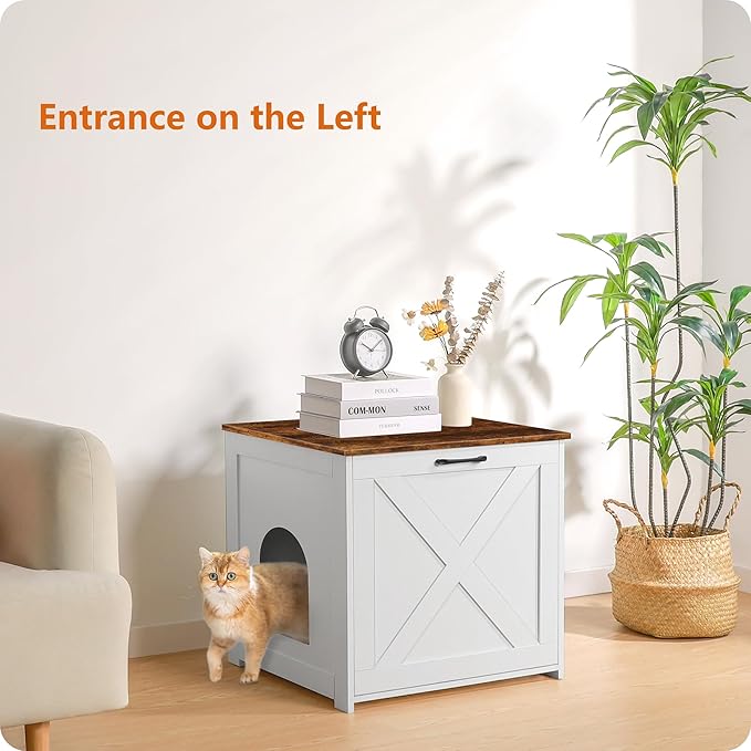 Dwanton Cat Litter Box Furniture Hidden, Cat Litter Box Enclosure, Reversible Entrance Can Be on Left or Right Side, Indoor Cabinet, Wooden Washroom, End Table, White and Rustic Brown, 23.6" L