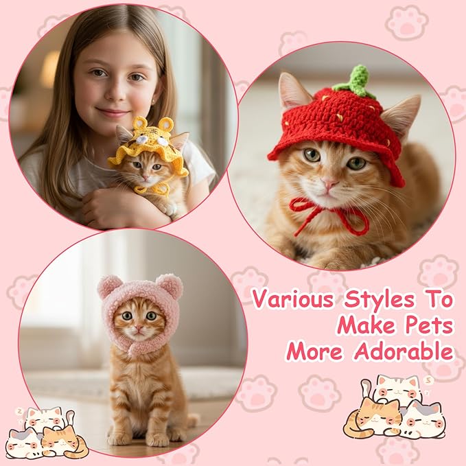 8 Pcs Cat Costume Hats, Cat Costume Halloween Bunny Hat Outfit with Ears, Cute Bear Pet Hat, Funny Pet Hats for Kitten and Small Dogs Puppy Party Christmas Easter Accessory Headwear