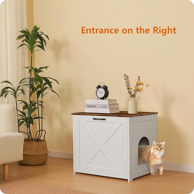 Dwanton Cat Litter Box Furniture Hidden, Cat Litter Box Enclosure, Reversible Entrance Can Be on Left or Right Side, Indoor Cabinet, Wooden Washroom, End Table, White and Rustic Brown, 23.6" L