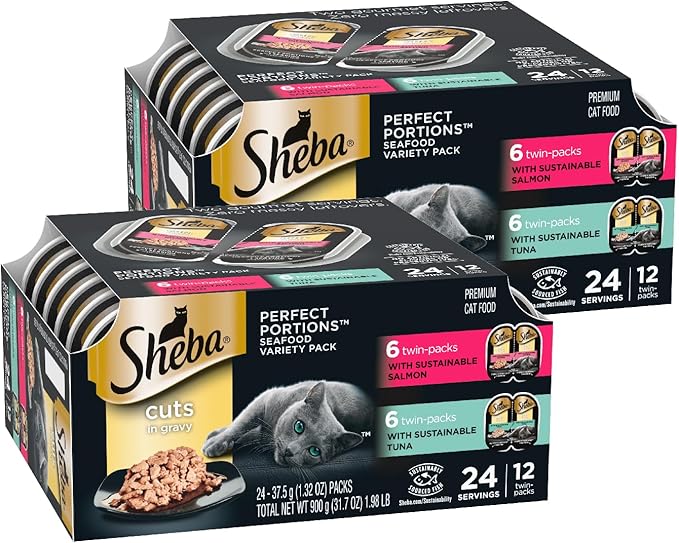 Sheba Perfect Portions Wet Cat Food Cuts in Gravy, Cat Food Wet Recipe, Gourmet Salmon & Sustainable Tuna Entree, 2.6 oz. Twin-Pack Trays (12 Count, 72 Servings) (Pack of 2)