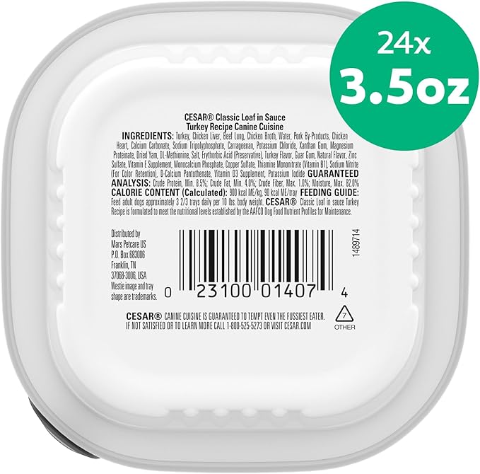 Cesar Classic Loaf in Sauce Adult Wet Dog Food Turkey Recipe, 3.5 oz. Easy Peel Trays, 24 Count (Pack of 1)