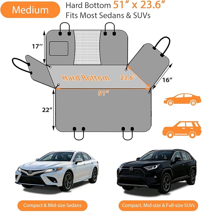 URPOWER Backseat Extender for Dogs - Hard Bottom Dog Car Seat Cover for Back Seat, Dog Hammock for Car and SUV, Pet Rear Seat Protector Dogs Travel Bed with Mesh Window & Side Flaps