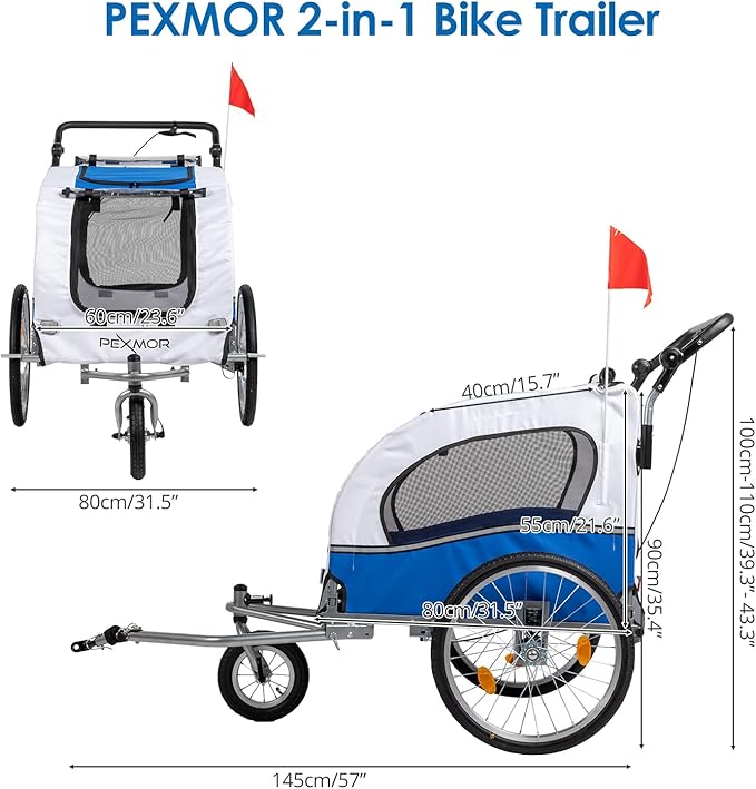 PEXMOR 2-in-1 Dog Bike Trailer & Stroller, Universal Hitch, Pet Cart Bike Wagon Cargo Carrier with Shock Absorber & Universal Wheel