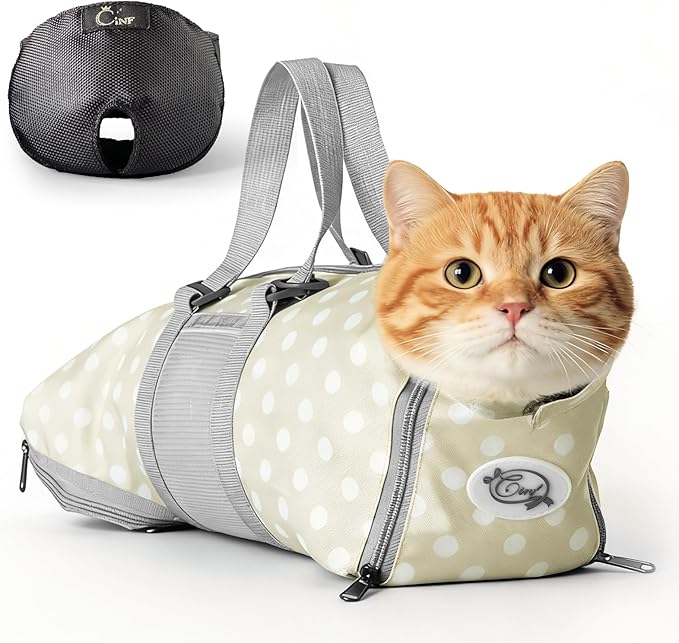 Cinf Cat Nail Clipping Cleaning Grooming Restraint Bag （Free Muzzle） No Scratching Biting for Bathing Nail Trimming Injecting Examining((Beige Gray&Dot,M)