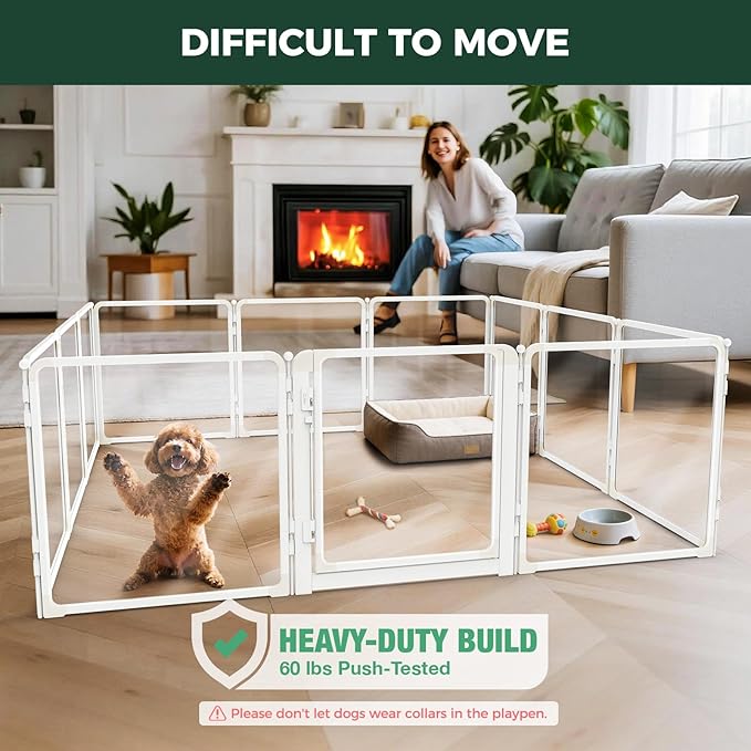 FXW AuraSpace Pro Metal & Acrylic Indoor Dog Playpen, All-Acrylic Clear Heavy-Duty Design, 24" Height 12 Panels for Puppies & Small Dogs, White│Patented