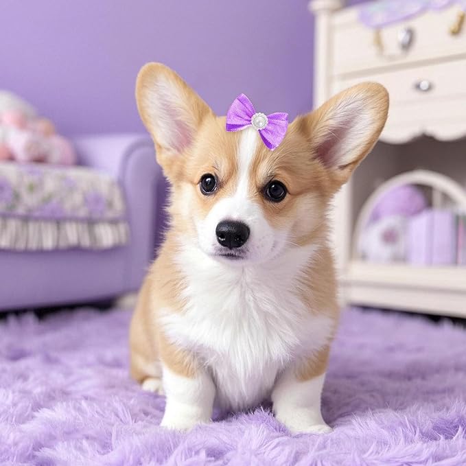 20 PCS Cute Dog Hair Bows with Rubber Bands Elastic Handmade Mix Style Lace Rhinestone Pearls for Furry Puppy Cat Pet Girl, Purple