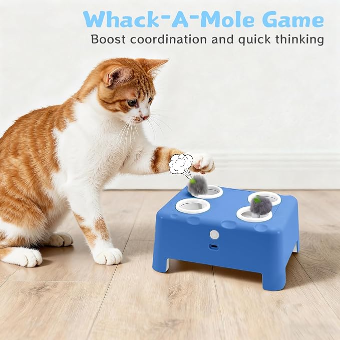 Interactive Cat Toy for Indoor Cats, 3 Modes Feathers Toy, Rechargeable 4 Holes Mole Cat Toys, Cheese Box for Kitten, 6 Accessories (Blue)