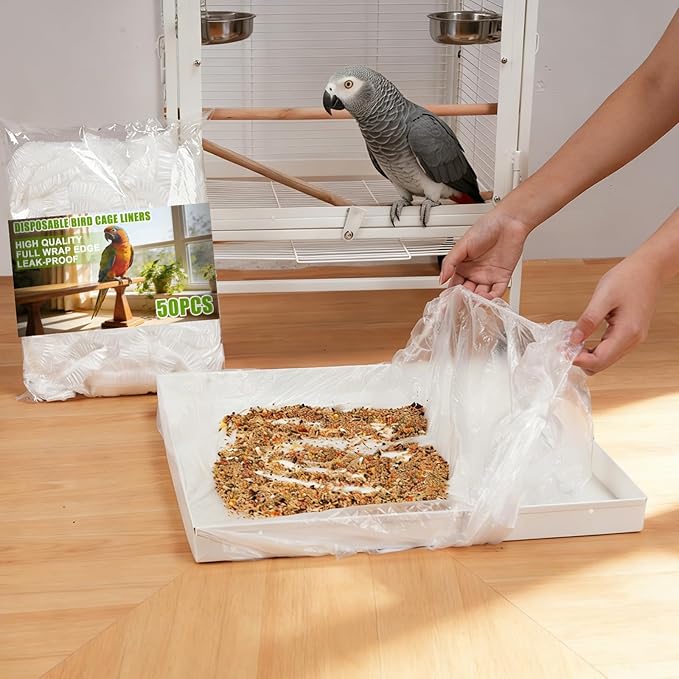 50 Pcs Disposable Bird Cage Liners, 26x18 Inch - Transparent PE Liners for Small & Medium Parakeet Cages, Fit Budgies, Cockatiels, Cockatoos, Easy-to-Clean Tray Accessories