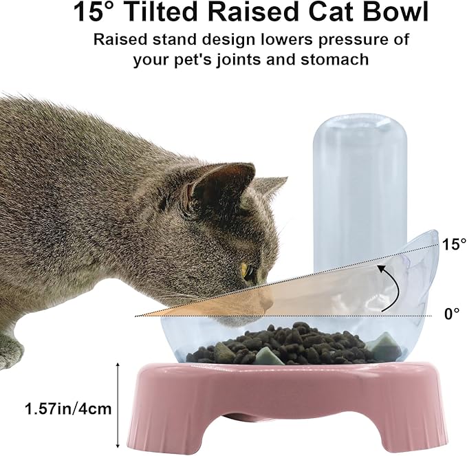 Triple Cat Bowls,15°Tilt 3-in-1 Water Feeder Bowls Cat Double Food Bowls with Automatic Water Bottle Bowl, Whisker Friendly Wet and Dry Cat Elevated Feeding Dishes for Small Cat and Puppy (Pink)