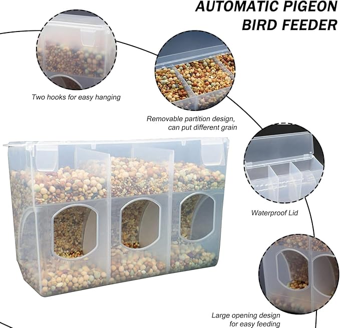 2 Pack Automatic Pigeon Bird Feeder Water, Plastic Feeder Water Dispenser Drinkers for Cage, No Mess Hanging Parrot Feeders, Cage Accessories for Parakeet Quail Bird Chicken (3 Hole-Hook)