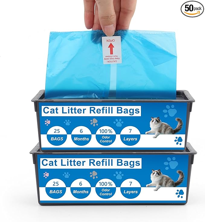 Cat Litter Refill Bags Compatible with Genie Easy Roll Bin, 7-Layer Odor Control, Leak-Proof & Easy Tear, Unscented, 2-Pack (50 Bags Total)