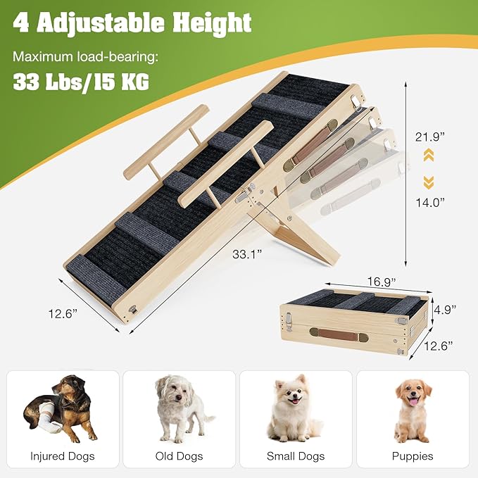 Upgraded Dog Ramp for Couch, Foldable Wooden Pet Ramp with 4 Adjustable Heights from 14'' to 22", Portable Pet Steps with Detachable Guardrails for Small Dogs, Puppies, Injured and Old Dogs