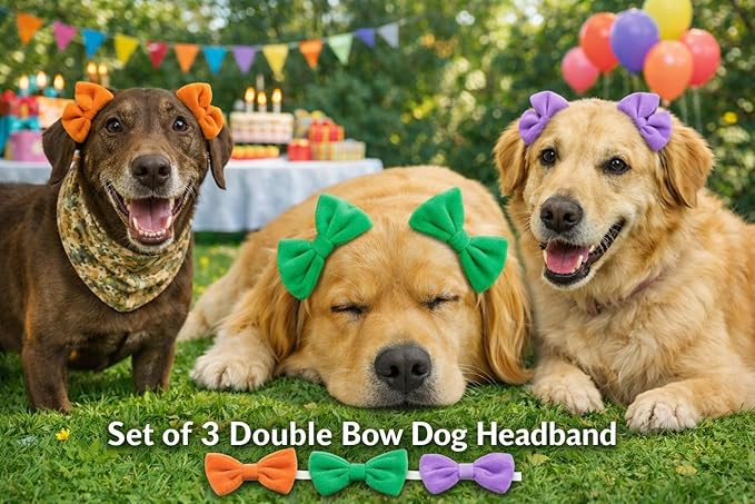 Double Bow Dog Headband 3 Pack, Elastic Doggie Headbands for Small & Medium Dogs, Puppy Bow Hair Accessories for Grooming, Photos, Parties & Holidays