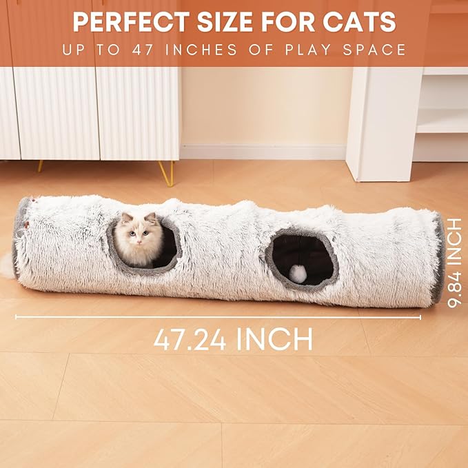 Cat Tunnels for Indoor Cats – Cat Crinkle Tunnel – Collapsible Long Plush– Cat Tube Cute Cozy Pet Play for Hours of Fun (47" / Pearl Gray)