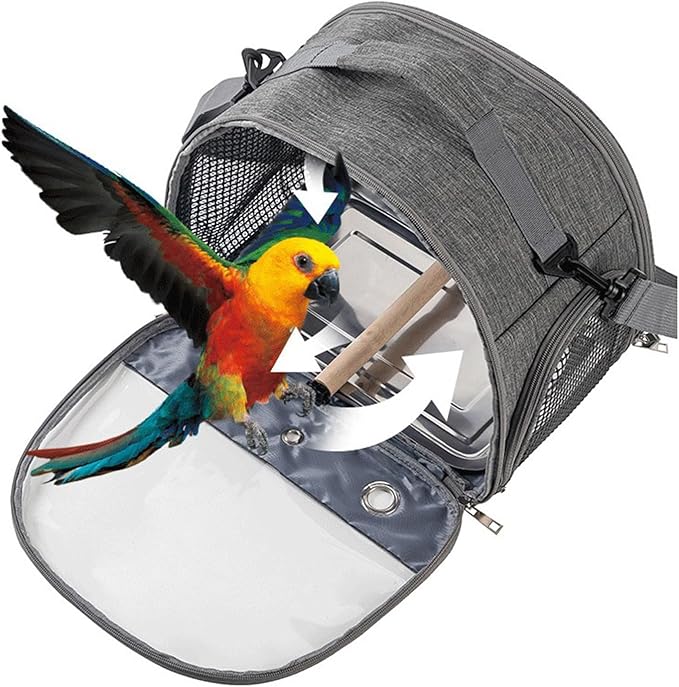 Portable Bird Cage Bird Carriers Foldable Panoramic View with Perch Removable Tray for Parrot Hamster Hedgehog Rabbit Sugar Glider (Grey)