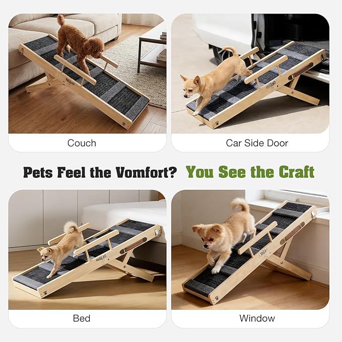 Upgraded Dog Ramp for Couch, Foldable Wooden Pet Ramp with 4 Adjustable Heights from 14'' to 22", Portable Pet Steps with Detachable Guardrails for Small Dogs, Puppies, Injured and Old Dogs