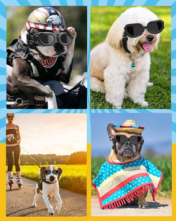Lewondr 2 Pack Dog Sunglasses Small Breed Dogs Goggles UV Protection,Goggles for Small Dogs Eye Wear Protection with Adjustable Strap Windproof Anti-Fog Doggy Doggie Sunglasses for S-mall Dog, Black
