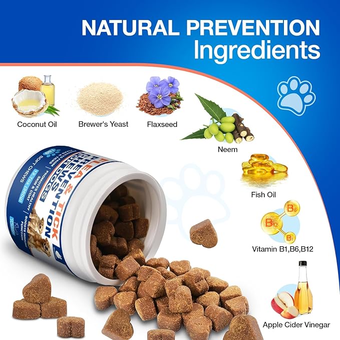 Flea and Tick Prevention for Dogs Chewables-180 Cts, Natural Dog Flea and Tick Treatment, Oral Flea Pills for Dogs Puppy, Skin & Coat Support Supplement, Soft Chews, Chicken Flavor
