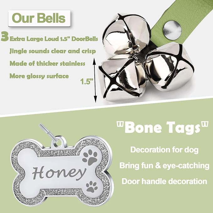 Leather Dog Bells, Puppy Potty Training Bell Dog Doorbell Potty Train Dog Bell for Potty Training Door Bells for Dogs to Ring to Go Outside Jingle Bells (Leather Green, Glitter Bone 1 PCS)