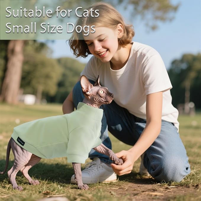Fleece Sphynx Cat Clothes Soft Hairless Cat Clothes Pullover Cat Sweater for Chihuahua All Season Light and Warm Kitten Cloth for Cats Only Puppy Clothes Small Dog Sweater (Pale Green, Small)