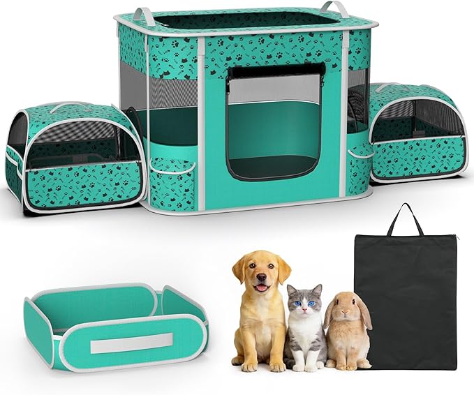 Cat Playpen - Portable Dog Playpen with Litter Box, Foldable Soft Dog Crate for Indoor/Outdoor, Pop Up Cat Enclosure, Collapsible Puppy Kitten Rabbit Cage Tent，3-Room