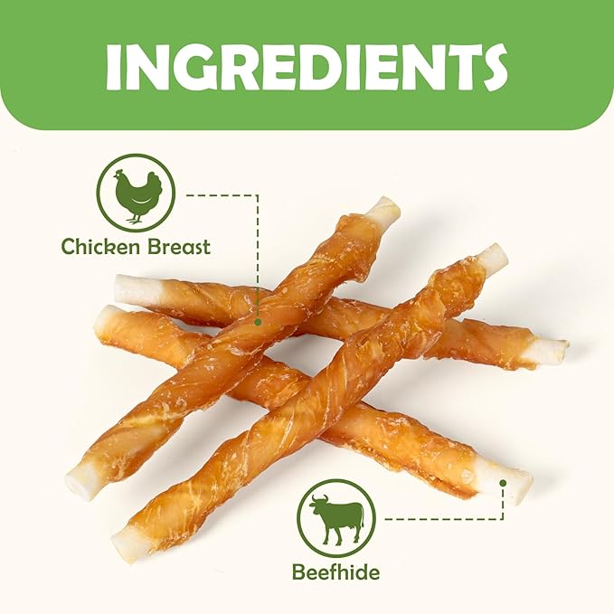 MON2SUN Dog Treats, 5 Inch Rawhide Twist Chicken Hide Sticks, Suitable for Puppy and Small Dogs, 5 Inch (Chicken, Pack of 25)