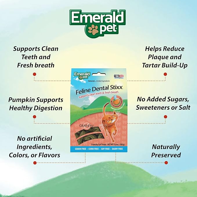 Emerald Pet Feline Dental Stixx — Tasty and Crunchy Cat Sticks with Pumpkin for Digestive Health — Natural Grain Free Dental Treats for Clean Teeth and Fresh Breath — Salmon, 3.6 oz