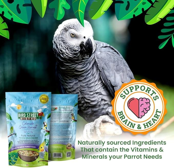 Bird Street Bistro Parrot Food for Parakeets & Cockatiels - Colorado Green Harvest - 18 oz - Cooks in 3-15 min, Natural Grains, Fruits & Vegetables - USA Made