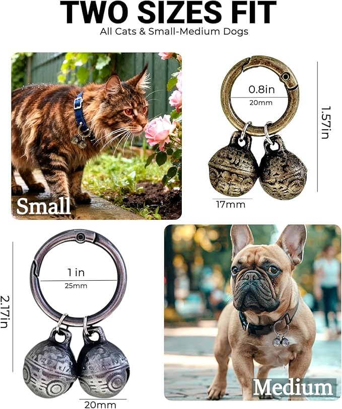 2 Pack Dog & Cat Bells with Engraved Pattern, Extra Loud Brass Bell for Collar with Quick Clasp, Anti-Lost Tracking,Gift Ready Set for Small to Medium Pets Lovers(Silver+Copper,S+M)