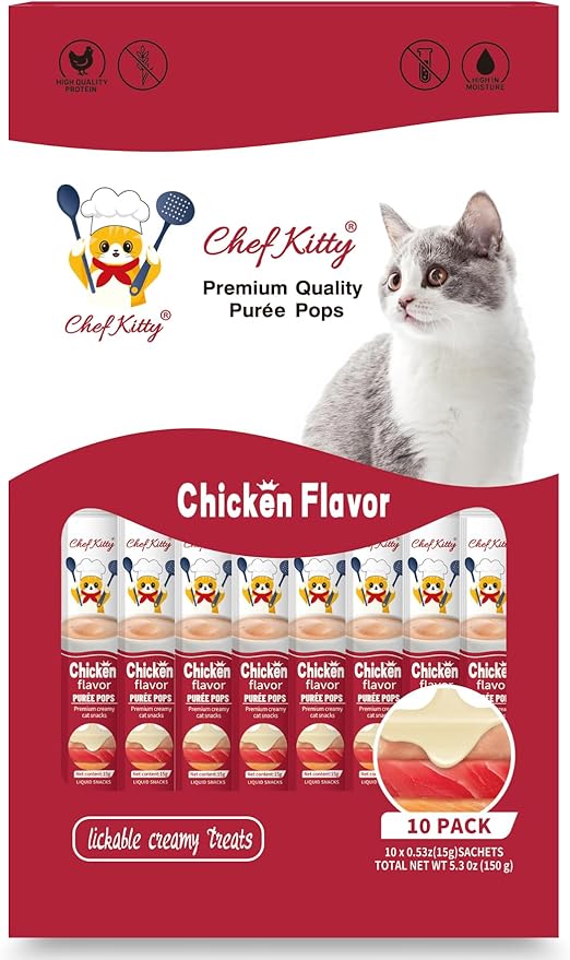 Cat Treats Lickable | Grain-Free Cat Food Toppers, High Protein | Creamy Puree Squeeze Ups with Vitamin E & Taurine, Digestible Formula | 0.5 oz. Each Tube, Chicken Flavor | 10 Tubes
