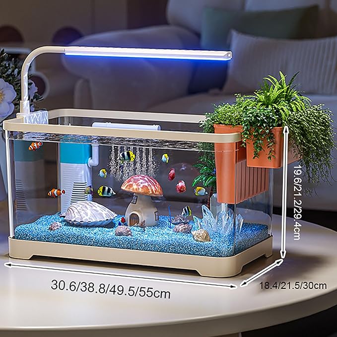 Fish Tank Aquarium Kit,Turtle Tank Kit with 3-in-1 Silent Water Pump Filter System, Self Cleaning Aquarium Starter Kit with LED Light Suitable for Small Fish Or Shrimp,Bottom Drainage(Large)