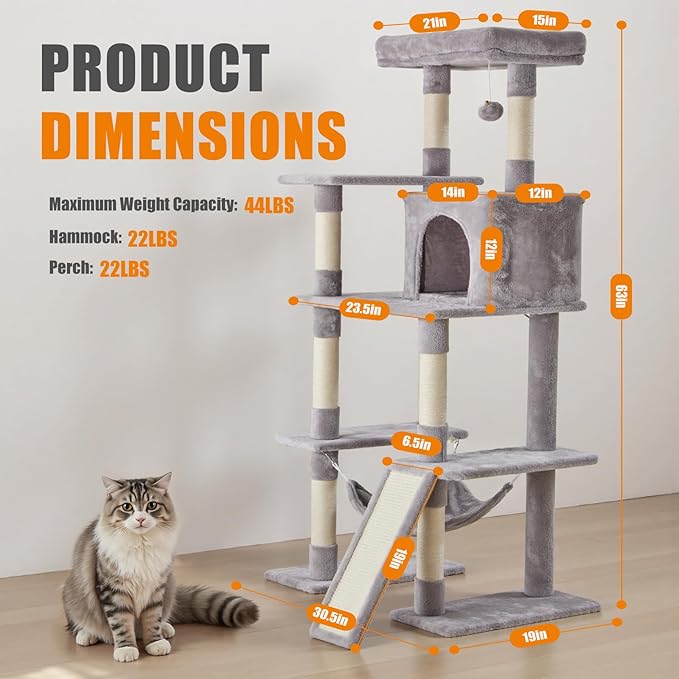 DUMOS Large 63in Cat Tree Tower, Multi Level Cat Climbing Tower with Condo, Natural Sisal Scratching Posts, Extended Platform, Hammock, Pet House for Indoor Cats and Kittens Play, Light Grey