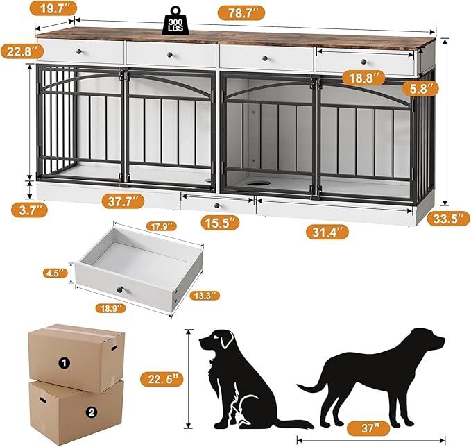 GAOMON Dog Crate Furniture for 2 Dogs, 78.7'' Large Dog Kennel Indoor with 4 Storage Drawers and Feeding Bowls, Double Dog Crate TV Stand for Small and Medium Dogs, White