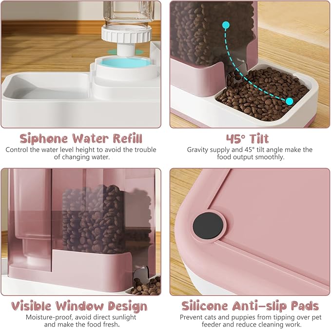 Automatic Cat Feeder and Water Dispenser, 2 in 1 Gravity Pet Food Feeder and Water Dispenser Detachable Cat Food Dispenser for Small Dogs and Cats, Pink