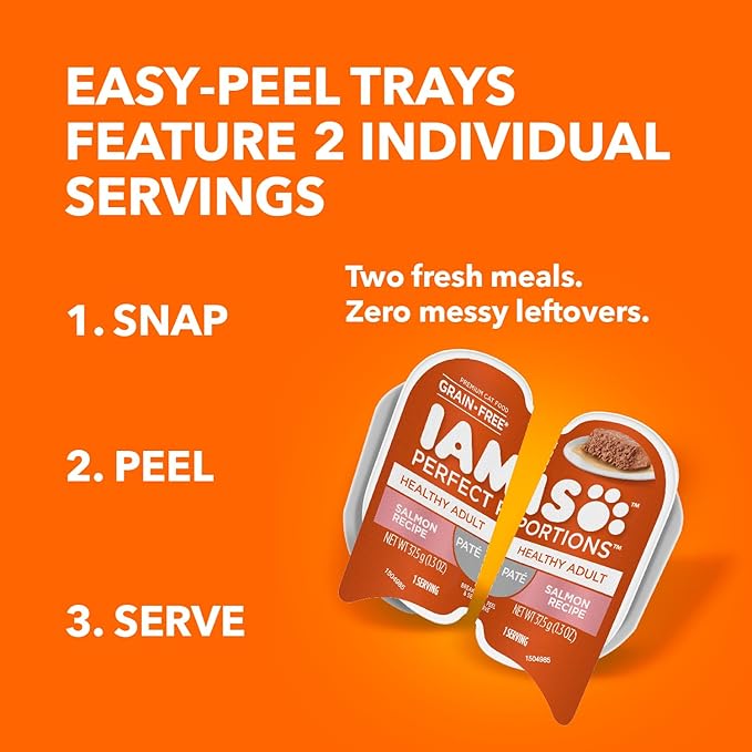 IAMS Perfect Portions Sensitive Digestion & Skin Wet Cat Food Pate, Adult Grain Free Pate, Turkey Recipes, (24) 2.6 oz. Twin-Pack Trays