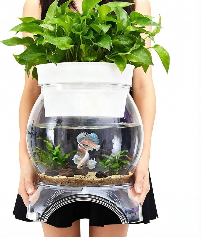 Geelin 3 Gallon Plastic Aquaponic Betta Fish Tank Aquaponic with Base and Top, Small Bowl Shatterproof Ecosystem Aquarium with Clear Clarity for Terrarium, Flower Vase Betta Fish Centerpiece Gifts