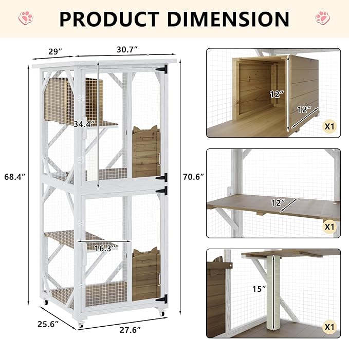 LEMBERI 71" Cat House Outdoor Catio Cat Enclosures on Wheels, Large Outside Patio Wooden Cat Cage Resting Box,Scratching Post, Waterproof Roof (White)
