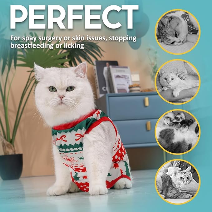 Avont Cat Recovery Suit - Kitten Onesie for Cats After Surgery, Cone of Shame Alternative Surgical Spay Suit for Female Cat, Post-Surgery or Skin Diseases Protection -Christmas(M)