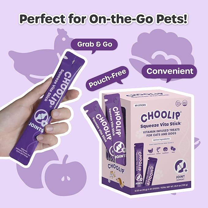 Choolip Squeeze Vita Stick Lickable Cat and Dog Treats, 49-Count Joint Support Variety Pack, Chicken and Salmon with MSM, Green-Lipped Mussel and Vitamin E