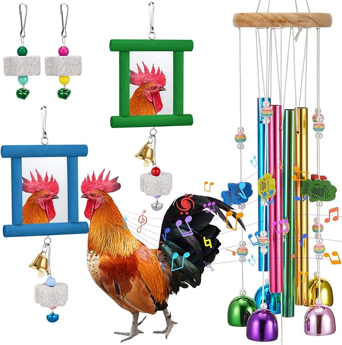 7 Pcs Chicken Toys, Hanging Chicken Wind Chime, 2 Pcs Coop Mirror Toys with Bells 4 Pack Beak Grinding Stones, Musical Coop Accessories for Hen Rooster Chick Poultry Birds(Green, Blue)
