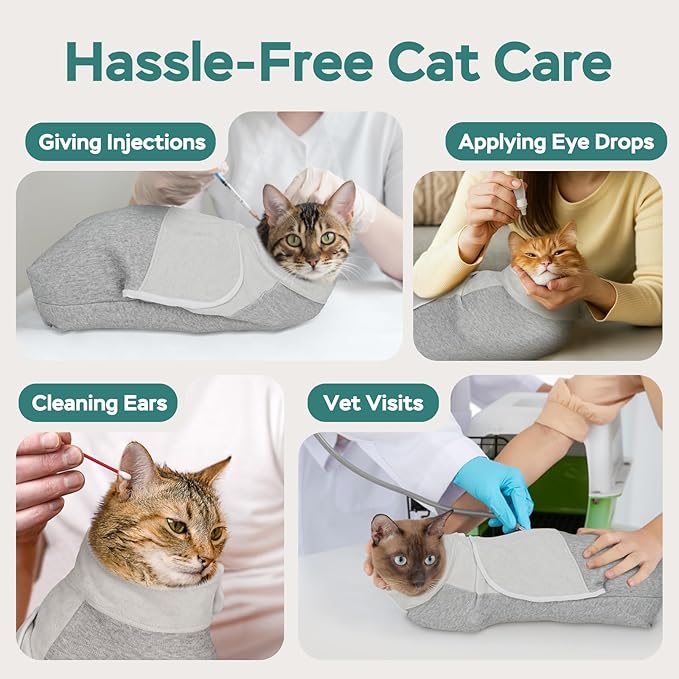 Self-Adhesive Cat Grooming Wrap, Cozy Cat Wrap for Cutting Nails, Breathable Anti-Scratch Cats Swaddle Bag for Brushing, Ear Cleaning, Dental Care, Medication, Injections, Grey S