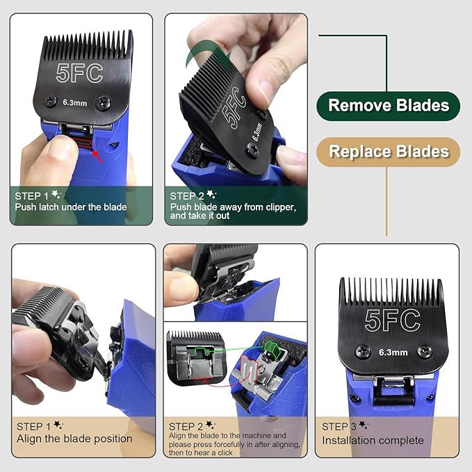 7FC+5FC+4FC Black Detachable Pet Dog Grooming Clipper Stainless Steel Blades Set,Compatible with Andis,Oster A5,Wahl KM10 Series Clippers,3 Pack
