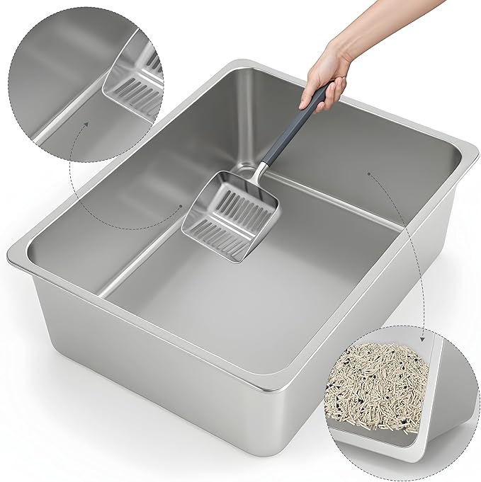 Kirecoo Stainless Steel Cat Litter Box - Metal High Sided Cat Pan, Large Stainless Steel Box, Indoor Litter Tray, Non Stick, No Smell, Easy to Clean, Pet Toilet Supplies for Kitten, Kitty, Rabbit