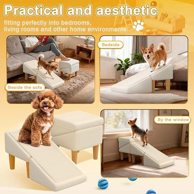 Split Ottoman Dog Ramp, 23-Degree Puppy Ramps for Small Dogs, Solid Wood Anti-Slip Dog Ramp for Couch, Includes Removable Anti-Slip Mat and Seat Cushion, for Small and Injured Dogs & Cats
