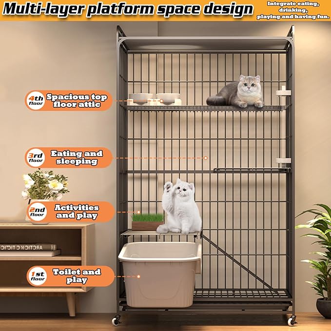 Multi-Tier Collapsible Cat Cage Crate, cat playpen for Indoor with 360° Wheels, Metal Wire Cat Kennel with Secure Lock, Large Ferret Playpen for Adult Cats Kitten Chinchilla (Black 4-Tier)