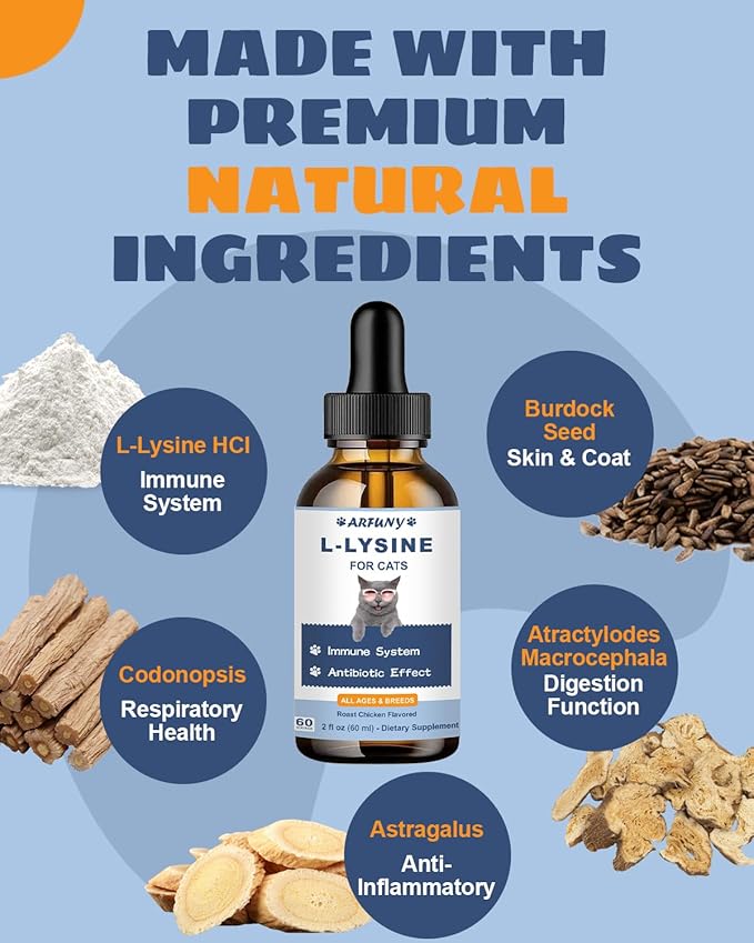 L-Lysine Supplement for Cats - Immune Support - 60ML Lysine for Feline Respiratory, Sneezing, Runny Nose, Eye Function - Natural Cat Antibiotic Drops - Roast Chicken Flavor