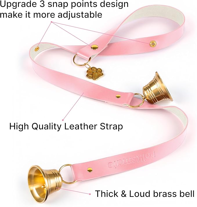 FOLKSMATE Leather Dog Door Bells for Potty Training, Big Brass Puppy Dog Door Bells Extra Loud for Dogs Training, Housebreaking, Door Knob, Dog Bell to Ring to Go Outside Puppy Pet Supplies Pink