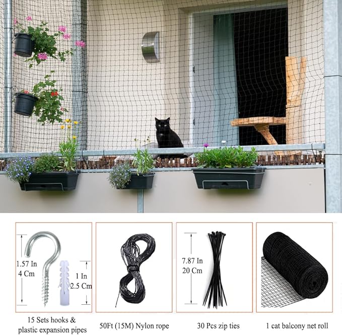 10x20 ft Cat Netting Balcony, No Steel Wire, Anti-Fall Safety Net for Cats – Pet Balcony Screen, Catio Netting, Cat Fence Barrier for Apartment Balconies, Windows, Stair, Decks, Patios