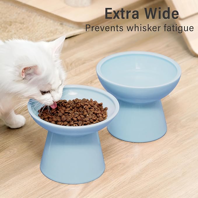 Extra Wide Elevated Ceramic Cat Water Bowl - 6.2" Deeper Dish for Whisker Fatigue Relief, 5" Height for Easy Feeding, Lead & Cadmium Free, Durable Raised Cat Bowls, Blue